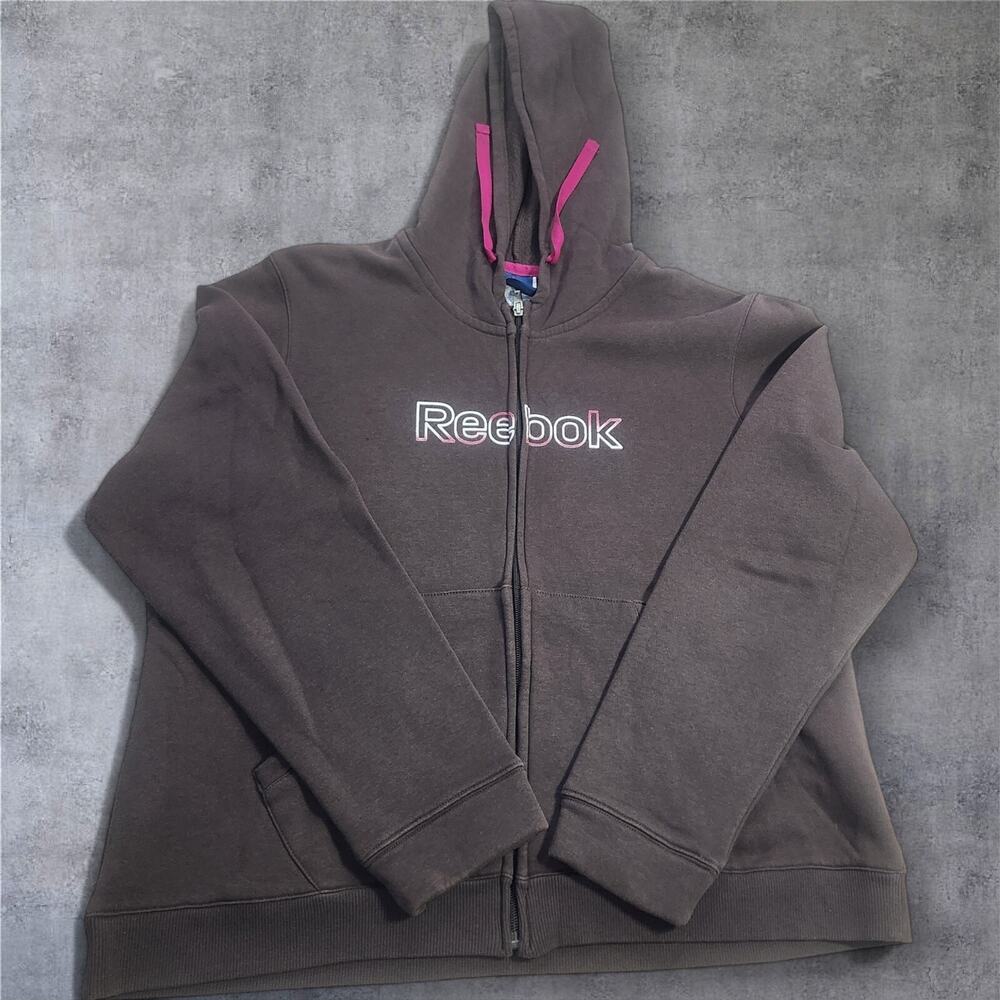 Reebok Women's 2XL Brown Full Zip Hooded Jacket Logo Hoodie Pink